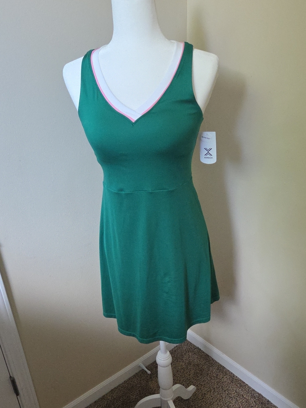Xersion Green V-Neck Tank Dress with Pink Trim